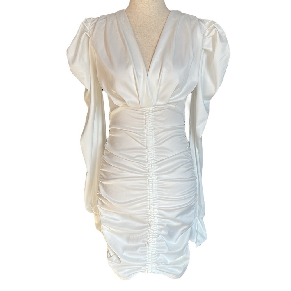 Ruched Short Mini Dress Long Sleeve Puff Sleeve Pleated Drawstring Dress - Picture 6 of 10